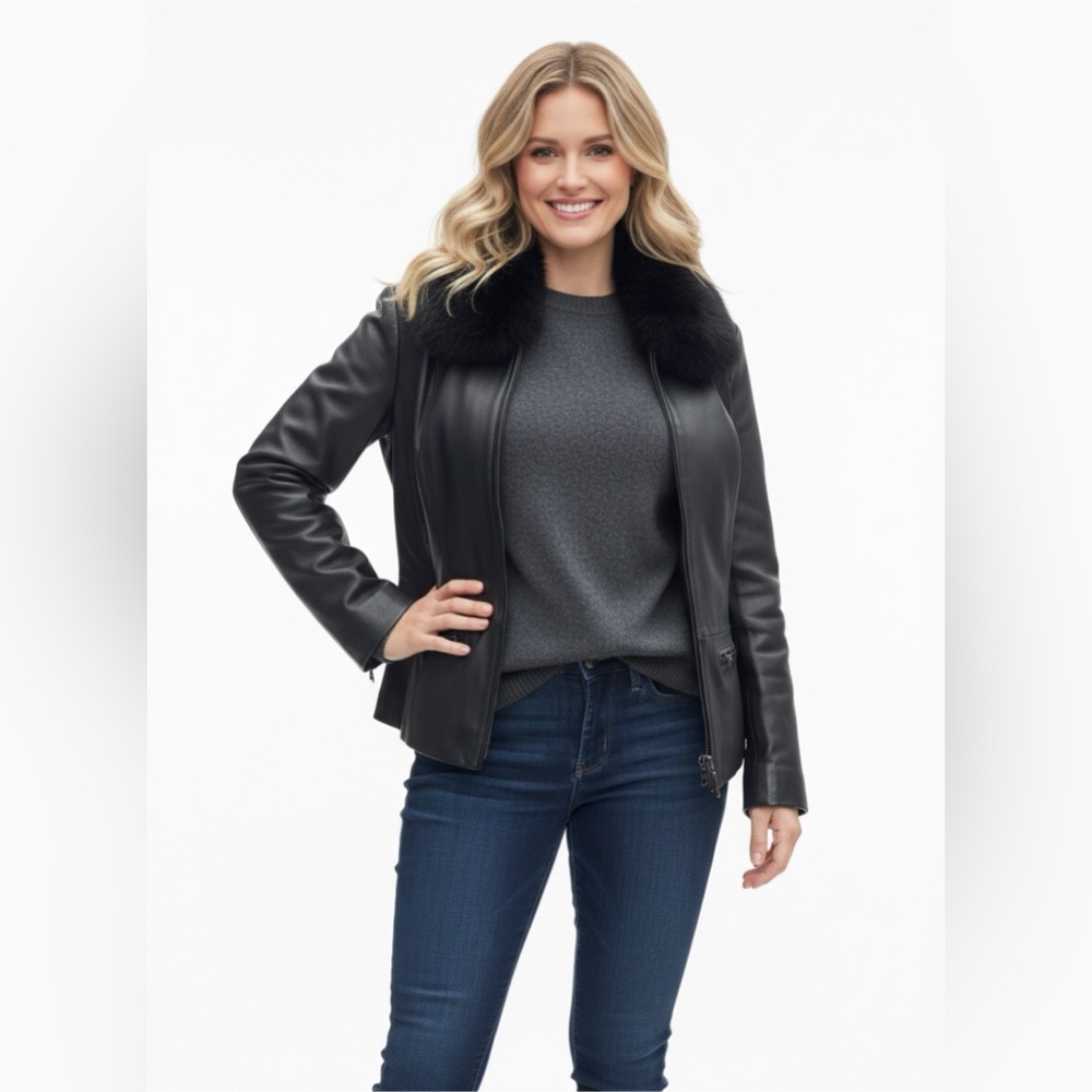 Anne Klein Black Leather Jacket with Fur Collar